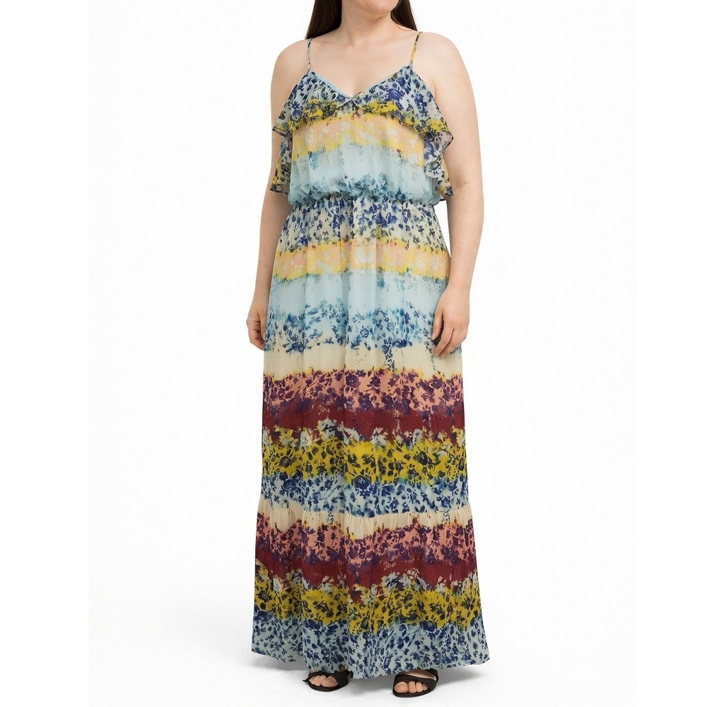 Bebe Floral Print Maxi Dress L Ruffle Tiered Spaghetti Strap V Neck Yellow Blue
